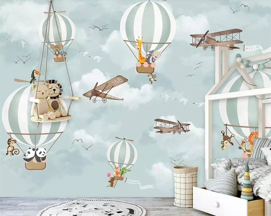 MinimalisticDecor.com-Animals Flying on Air Balloons in Sky Nursery Wallpaper