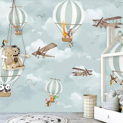MinimalisticDecor.com-Animals Flying on Air Balloons in Sky Nursery Wallpaper