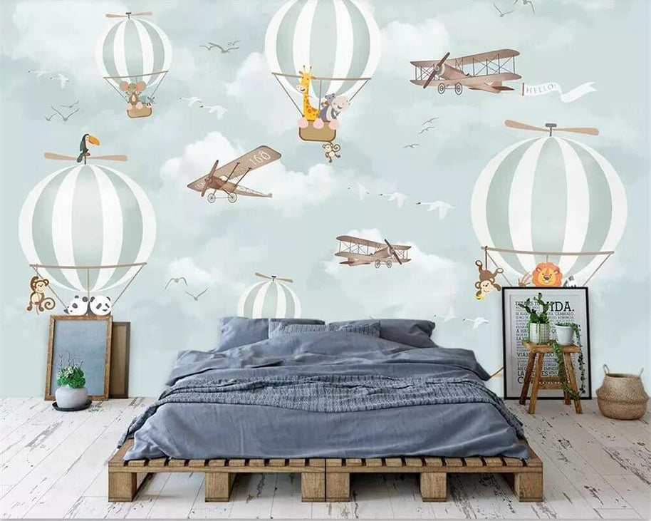 MinimalisticDecor.com-Animals Flying on Air Balloons in Sky Nursery Wallpaper