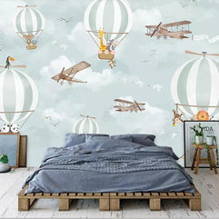 MinimalisticDecor.com-Animals Flying on Air Balloons in Sky Nursery Wallpaper
