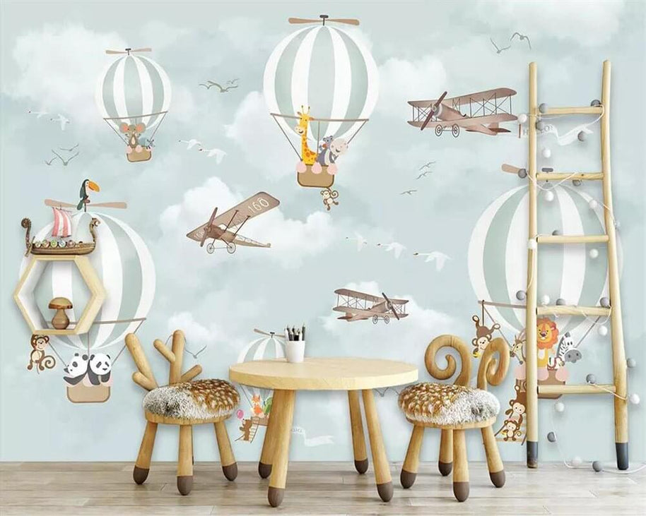 MinimalisticDecor.com-Animals Flying on Air Balloons in Sky Nursery Wallpaper
