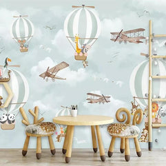 MinimalisticDecor.com-Animals Flying on Air Balloons in Sky Nursery Wallpaper