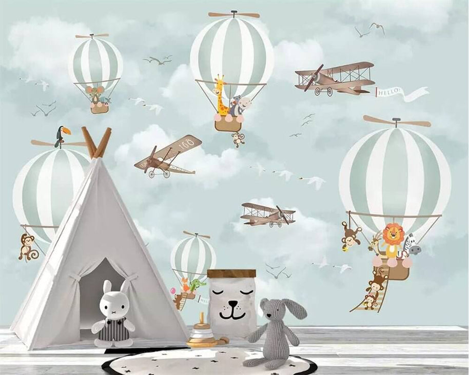 MinimalisticDecor.com-Animals Flying on Air Balloons in Sky Nursery Wallpaper