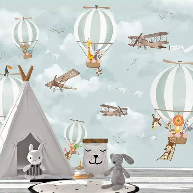 MinimalisticDecor.com-Animals Flying on Air Balloons in Sky Nursery Wallpaper