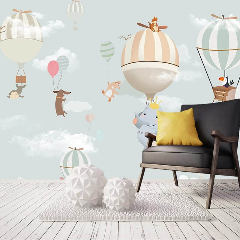 MinimalisticDecor.com-Animals Flying on Air Balloons Nursery Wallpaper