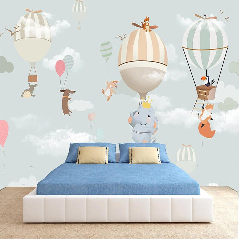 MinimalisticDecor.com-Animals Flying on Air Balloons Nursery Wallpaper