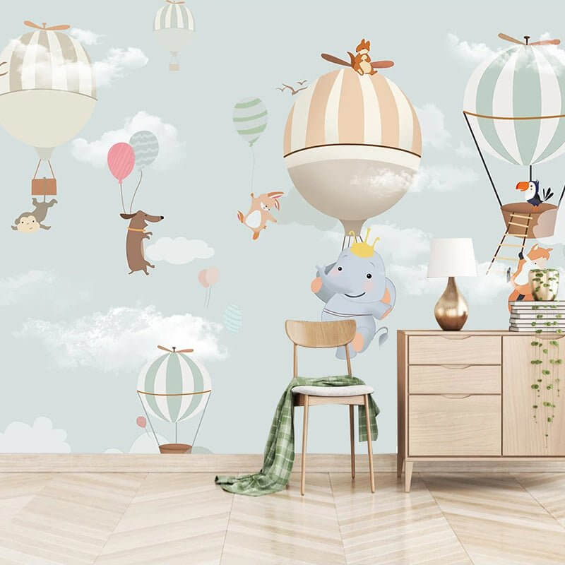 MinimalisticDecor.com-Animals Flying on Air Balloons Nursery Wallpaper