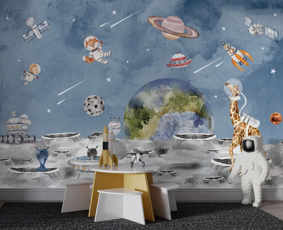 MinimalisticDecor.com-Animals in Space Astronauts: Kids Room Wallpaper Mural