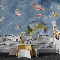 MinimalisticDecor.com-Animals in Space Astronauts: Kids Room Wallpaper Mural