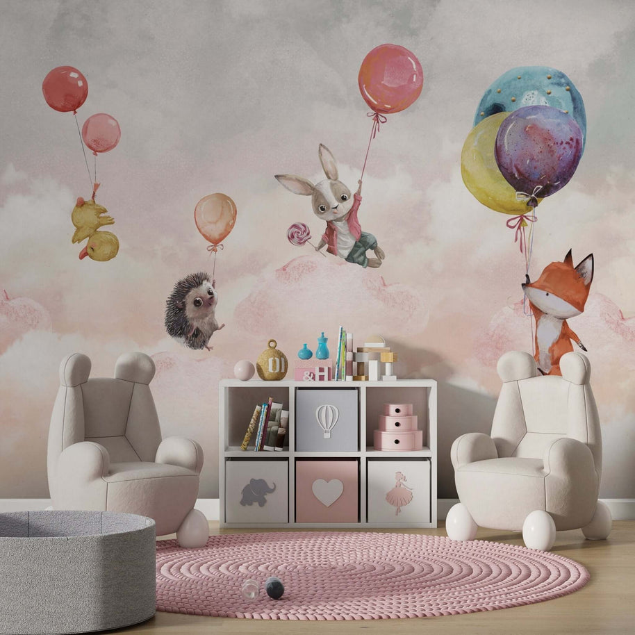MinimalisticDecor.com-Animals on Balloon - Kids Nursery Wallpaper Mural