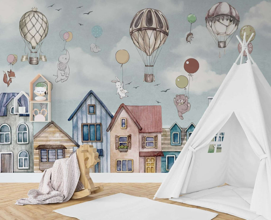MinimalisticDecor.com-Animals on BalloonAnimals on Balloon - Kids Room Wallpaper Mural