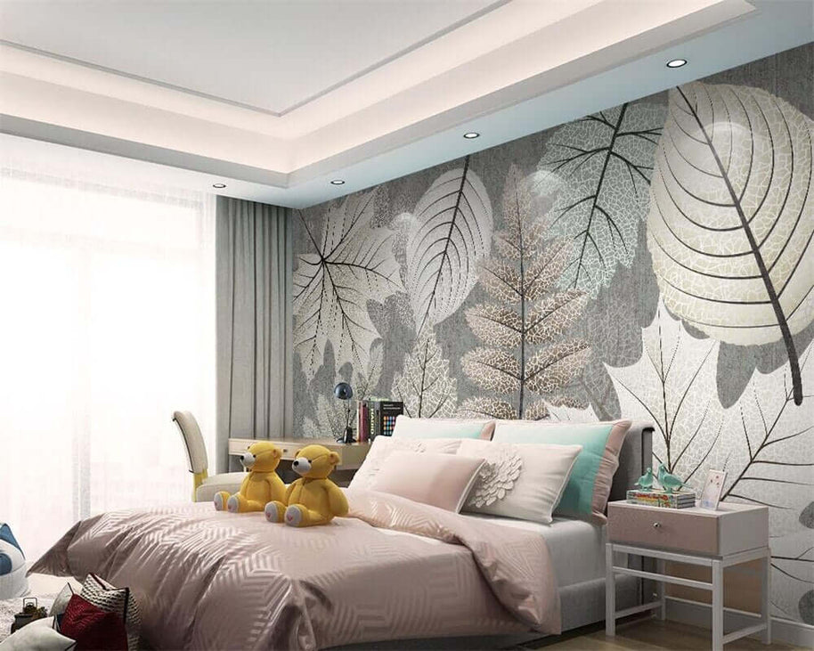 MinimalisticDecor.com-Artistic Monochrome Leaf Mural Wallpaper
