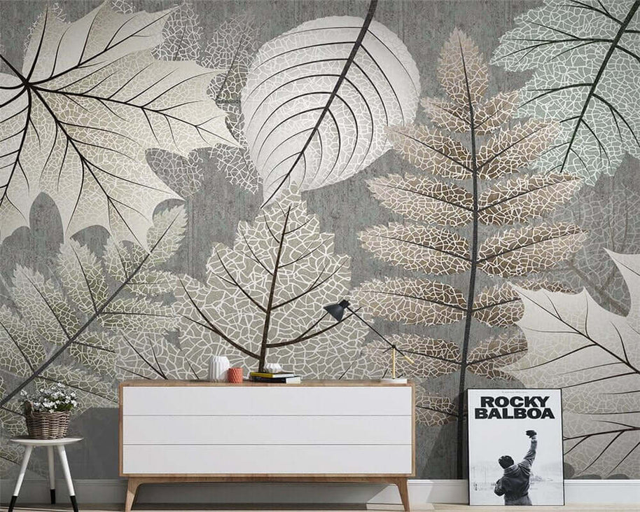 MinimalisticDecor.com-Artistic Monochrome Leaf Mural Wallpaper