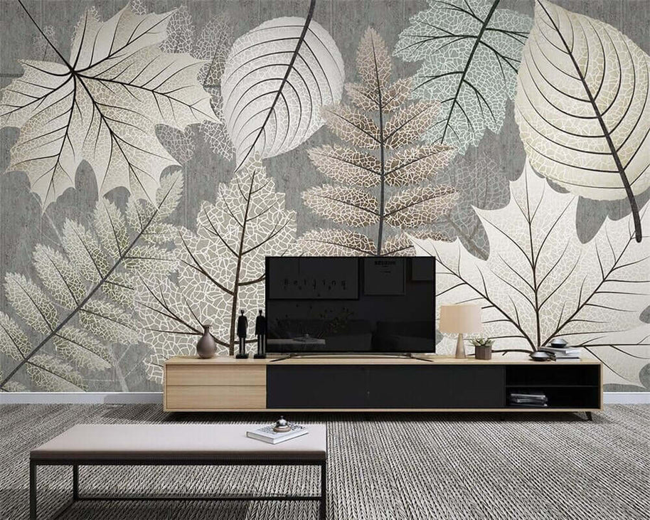 MinimalisticDecor.com-Artistic Monochrome Leaf Mural Wallpaper