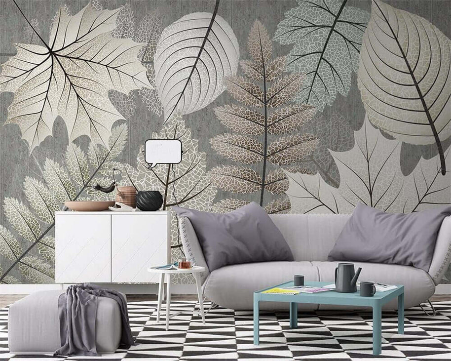 MinimalisticDecor.com-Artistic Monochrome Leaf Mural Wallpaper