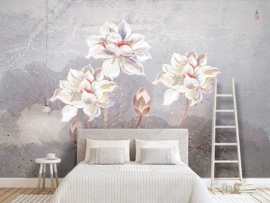 MinimalisticDecor.com-Behind the Bed Flowers Wallpaper Mural
