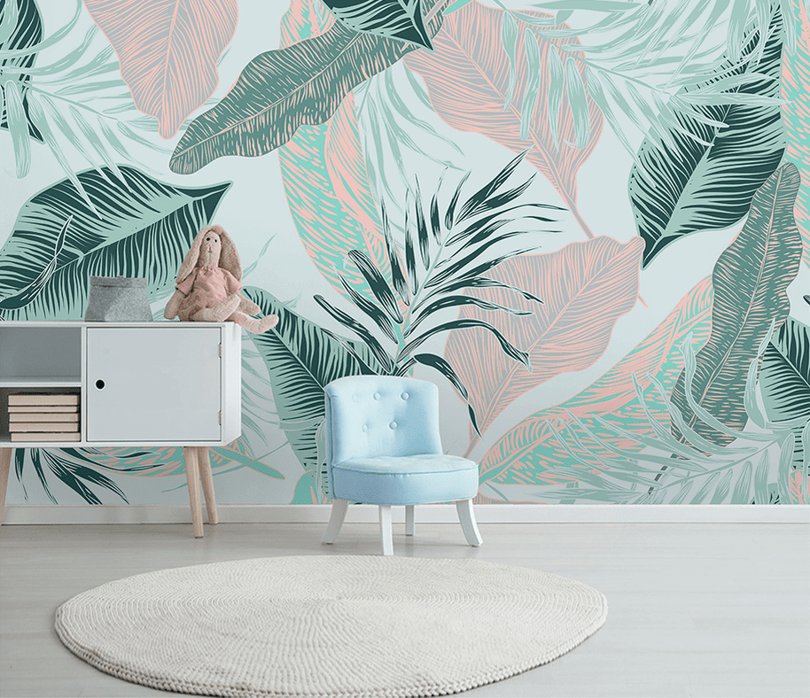 MinimalisticDecor.com-Beige and Green Leaves - Tropical Wallpaper Murals