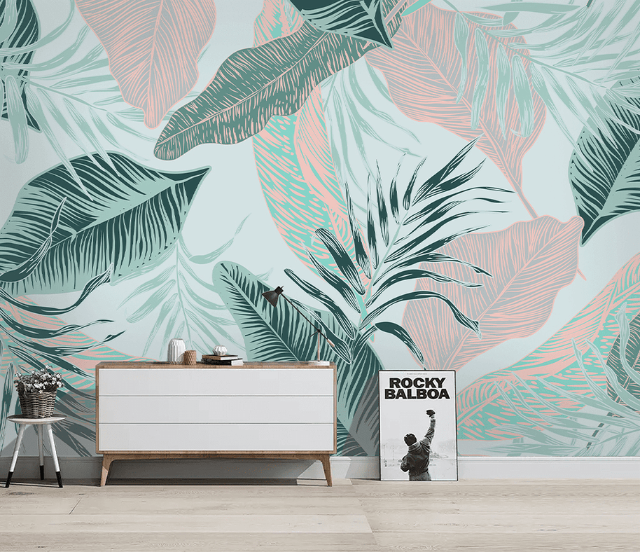 MinimalisticDecor.com-Beige and Green Leaves - Tropical Wallpaper Murals