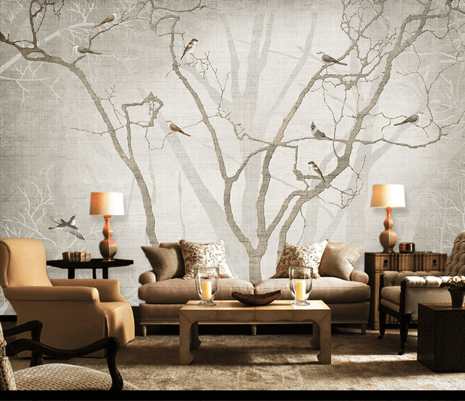 MinimalisticDecor.com-Birds on Tree Trunks Wallpaper Mural - Enhance Your Space