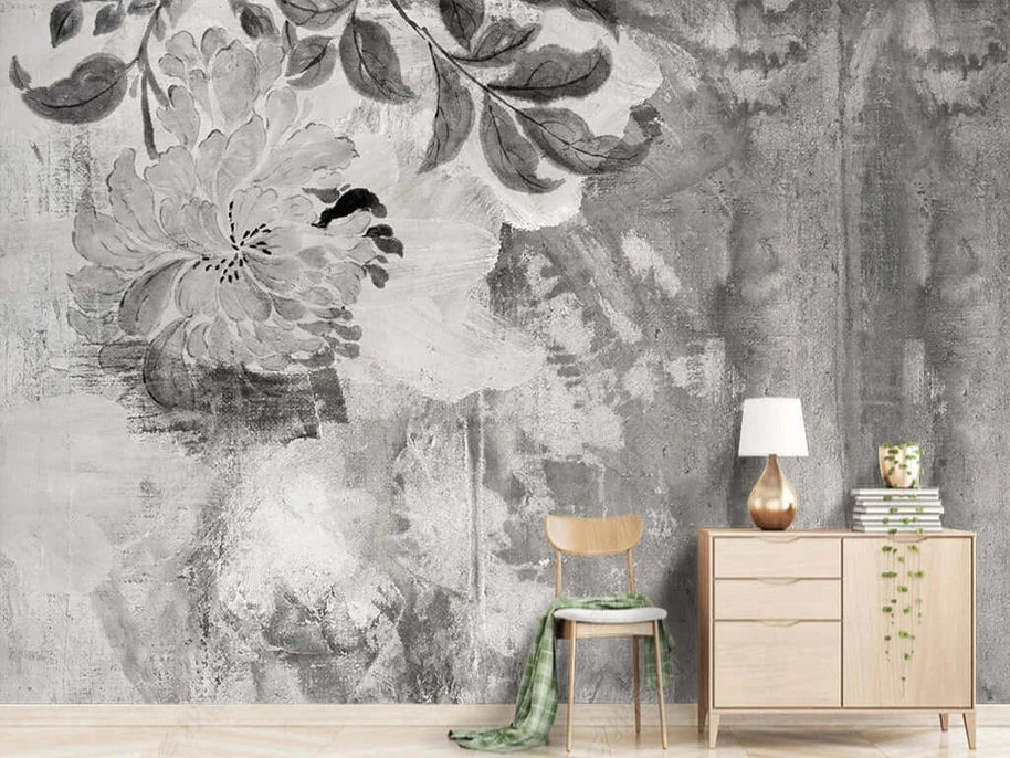MinimalisticDecor.com-Black & White Flowers Rush Wallpaper Mural