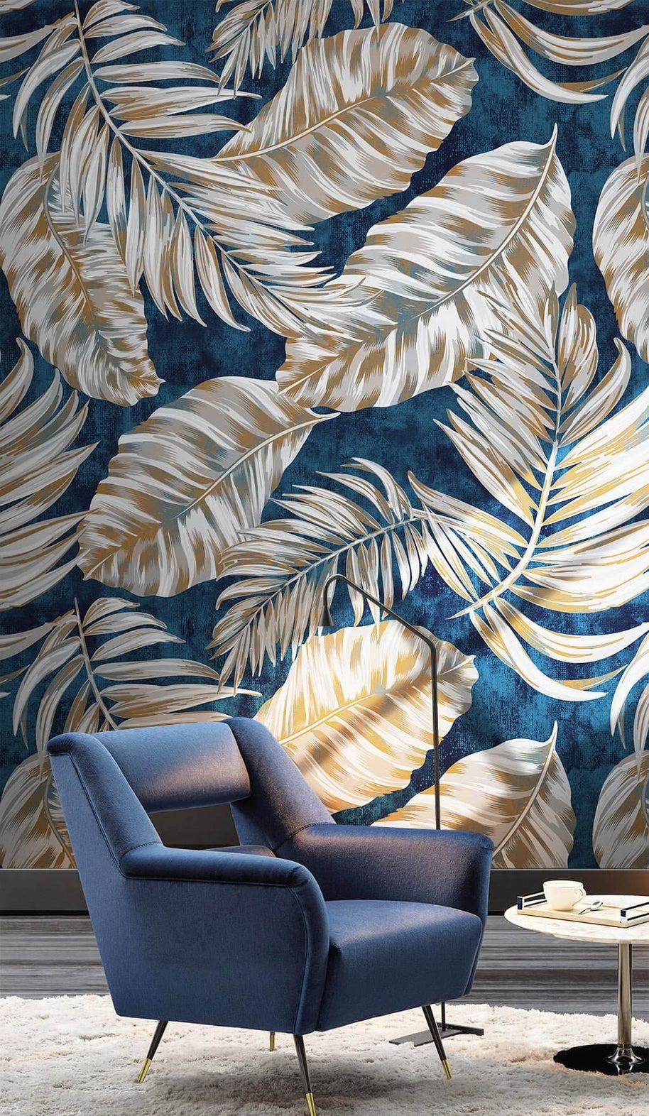 MinimalisticDecor.com-Blue Blushing Leaves Pattern Wallpaper Mural