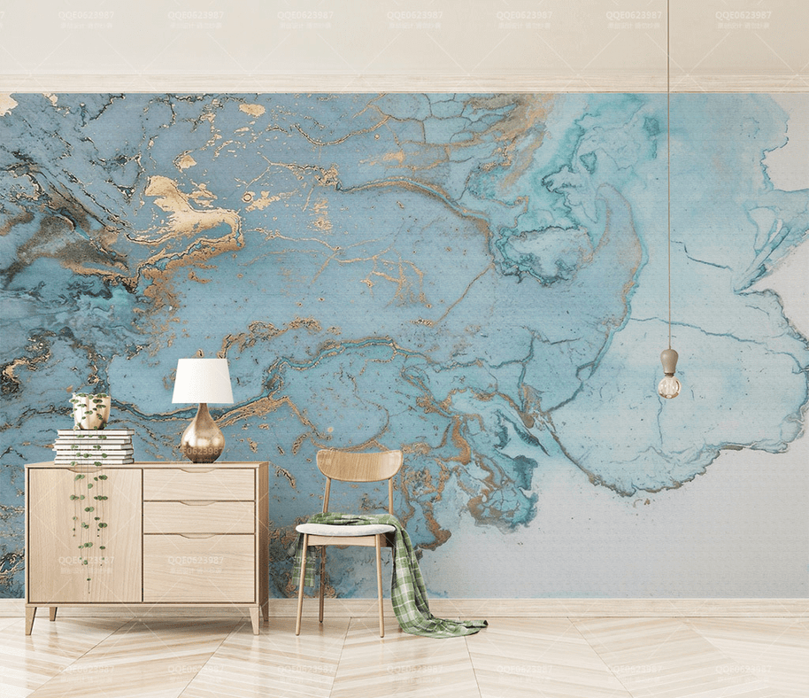 MinimalisticDecor.com-Blue & Gold Marble Wallpaper Murals