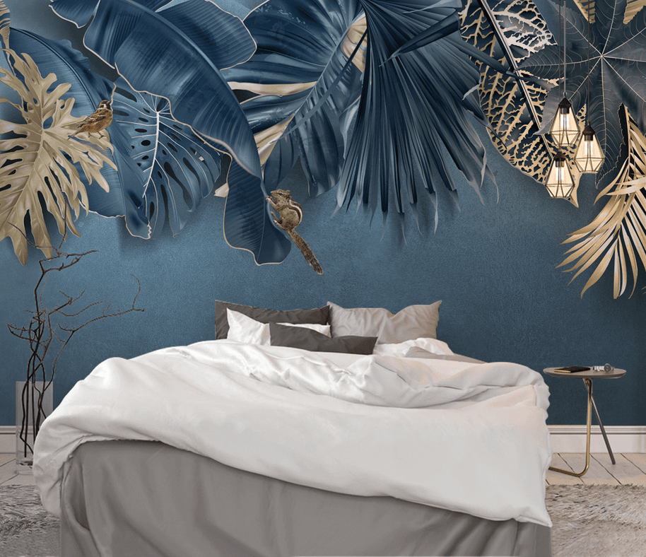 MinimalisticDecor.com-Blue Leafs Theme - Tropical Wallpaper Murals