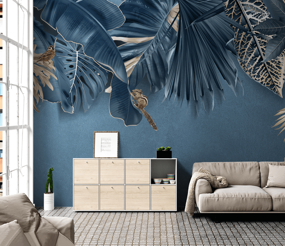 MinimalisticDecor.com-Blue Leafs Theme - Tropical Wallpaper Murals