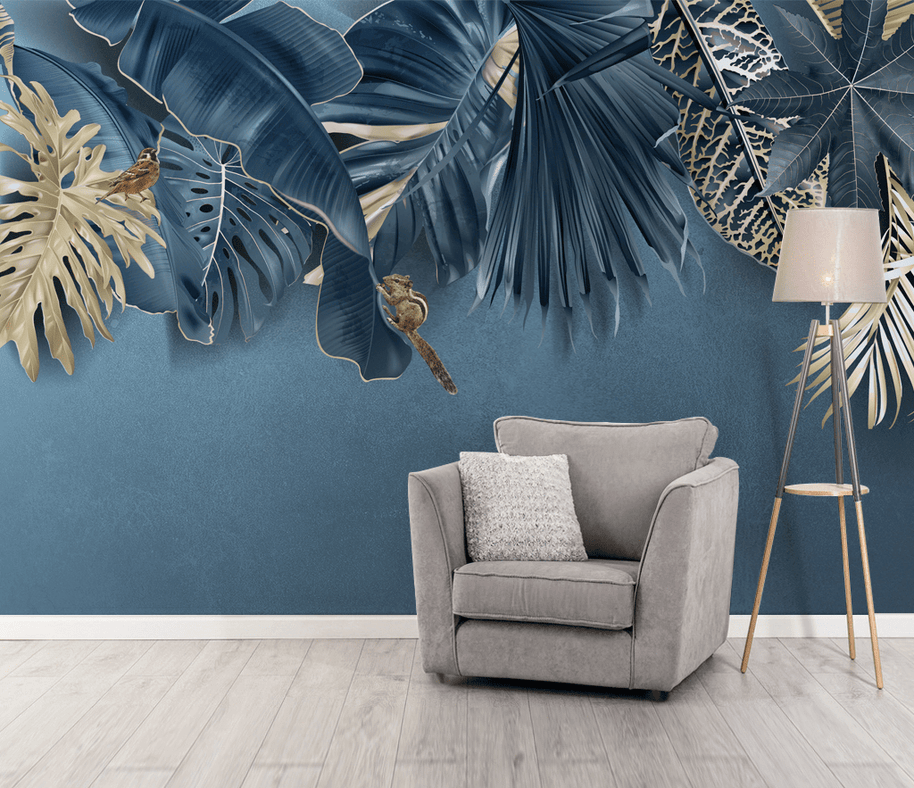 MinimalisticDecor.com-Blue Leafs Theme - Tropical Wallpaper Murals