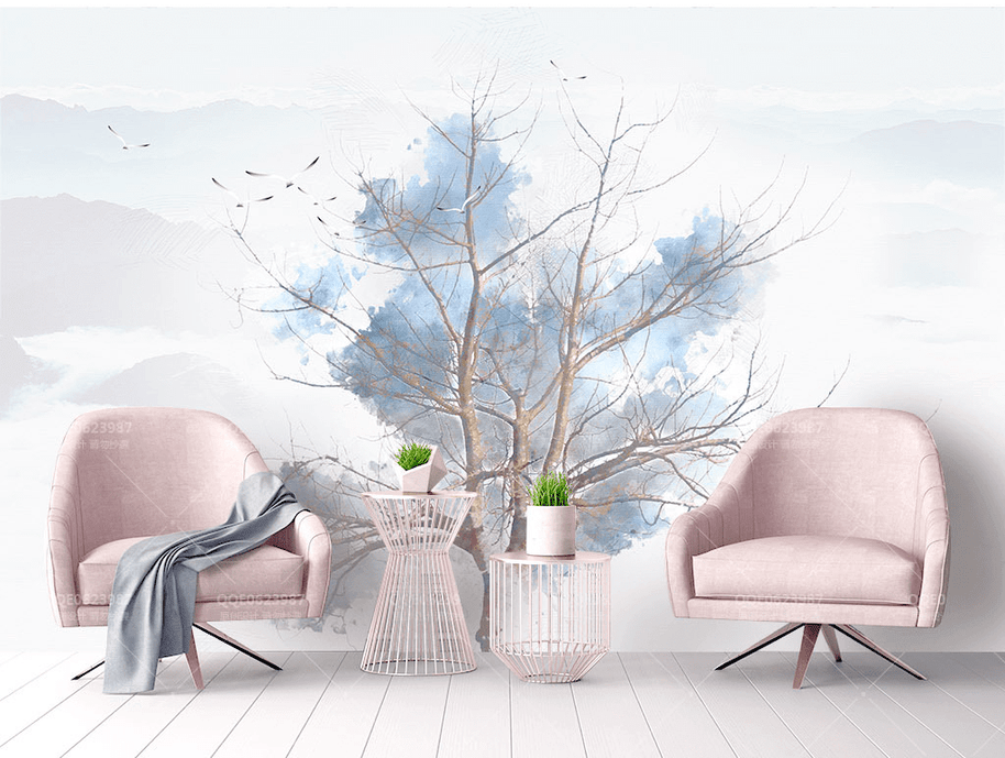 MinimalisticDecor.com-Blue Tree Sketch Wallpaper Murals