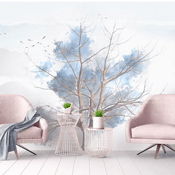 MinimalisticDecor.com-Blue Tree Sketch Wallpaper Murals