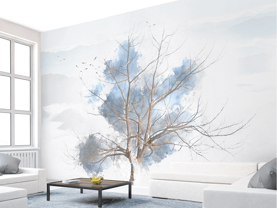 MinimalisticDecor.com-Blue Tree Sketch Wallpaper Murals