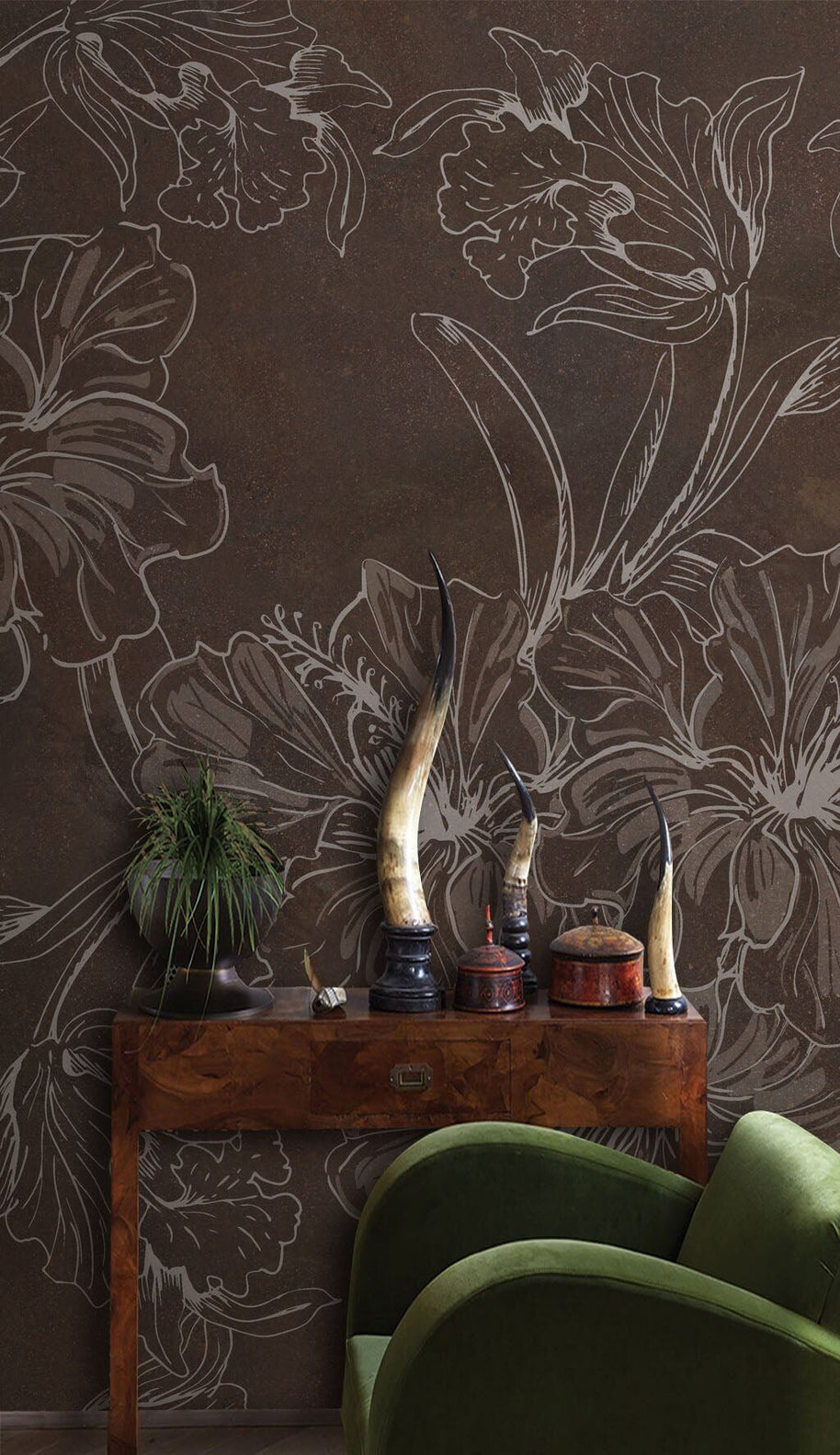 MinimalisticDecor.com-Brown Floral Sketch Wallpaper Mural