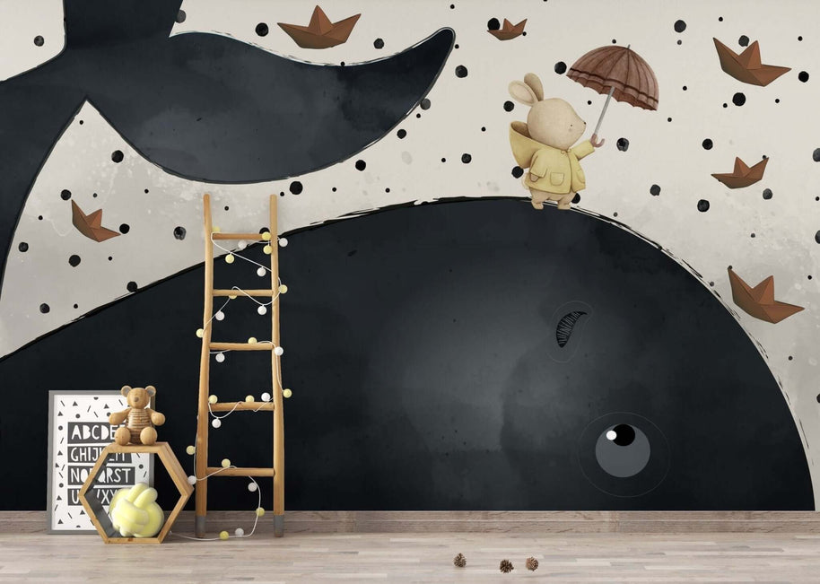 MinimalisticDecor.com-Bunny on Sea Whale: Kids Room Wallpaper Mural