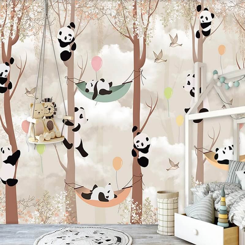 MinimalisticDecor.com-Cute Pandas Hanging on Trees in Forest Nursery Wallpaper