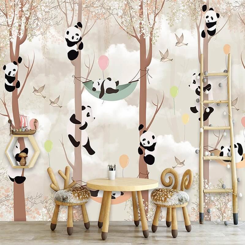 MinimalisticDecor.com-Cute Pandas Hanging on Trees in Forest Nursery Wallpaper