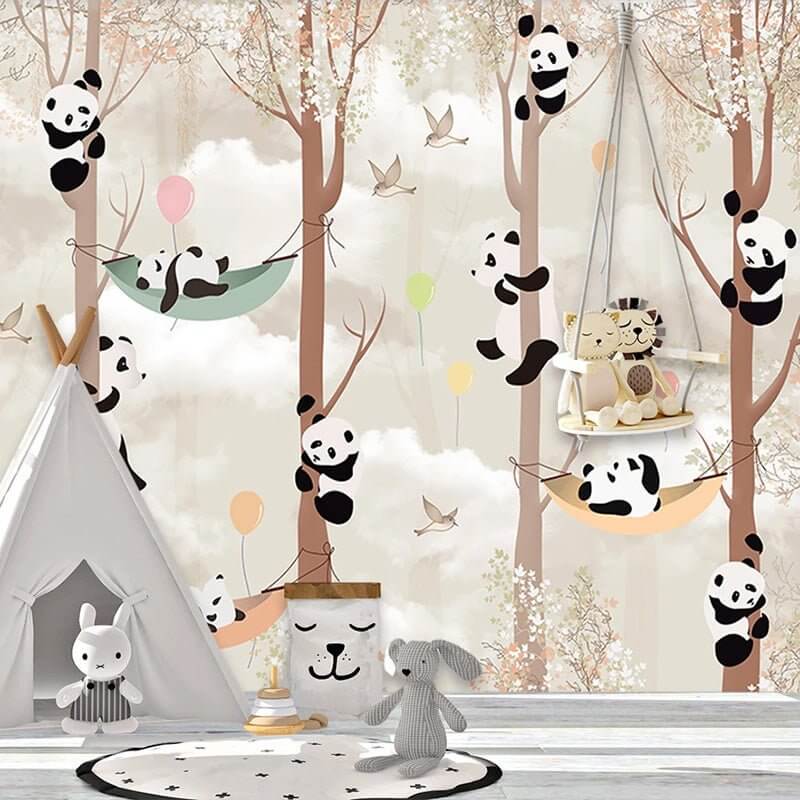 MinimalisticDecor.com-Cute Pandas Hanging on Trees in Forest Nursery Wallpaper