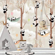 MinimalisticDecor.com-Cute Pandas Hanging on Trees in Forest Nursery Wallpaper