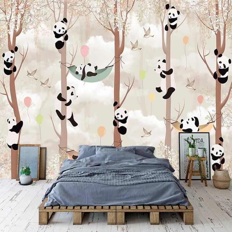 MinimalisticDecor.com-Cute Pandas Hanging on Trees in Forest Nursery Wallpaper