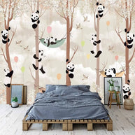 MinimalisticDecor.com-Cute Pandas Hanging on Trees in Forest Nursery Wallpaper