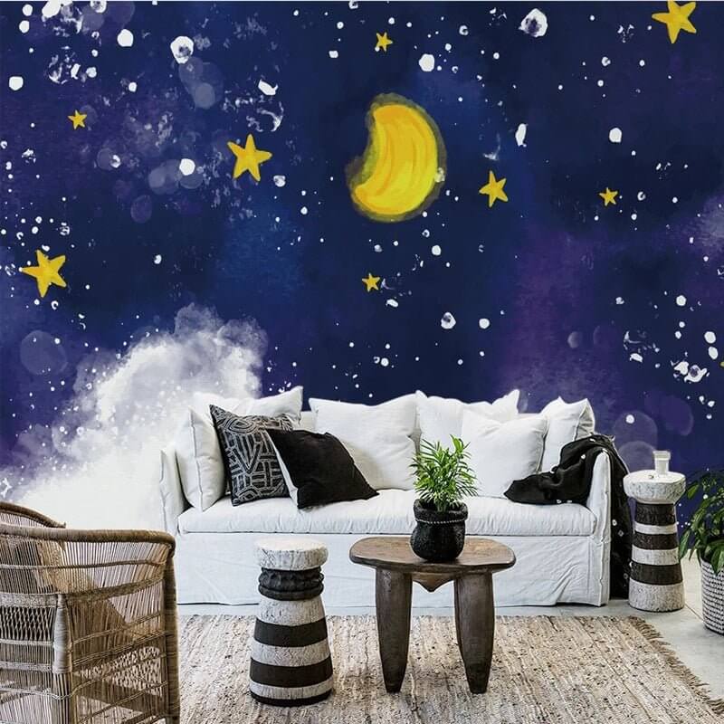 MinimalisticDecor.com-Dark Blue Midnight Sky Clouds Nursery Wallpaper
