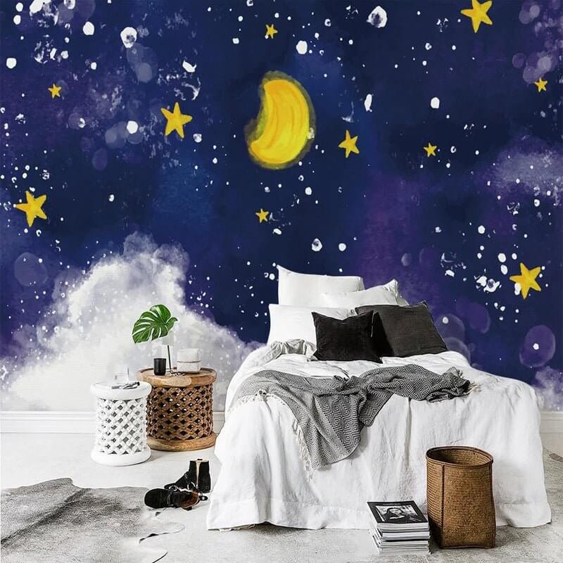 MinimalisticDecor.com-Dark Blue Midnight Sky Clouds Nursery Wallpaper
