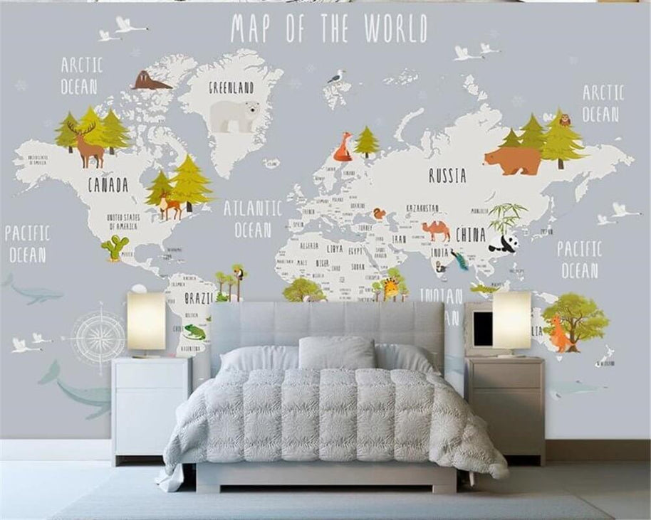 MinimalisticDecor.com-Dreamland Nursery Grey and White World Map Wallpaper