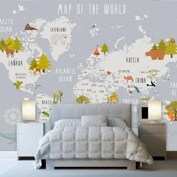 MinimalisticDecor.com-Dreamland Nursery Grey and White World Map Wallpaper