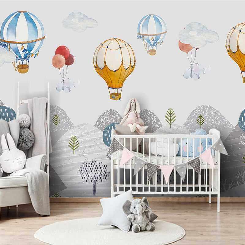 MinimalisticDecor.com-Elephants Hanging from Air Balloons: Kids Nursery Wallpaper