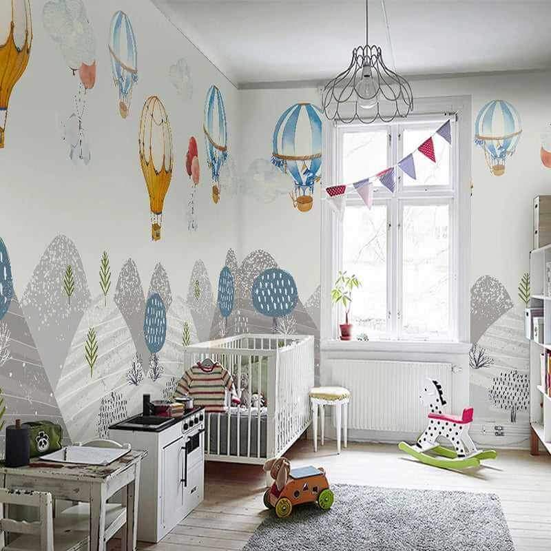 MinimalisticDecor.com-Elephants Hanging from Air Balloons: Kids Nursery Wallpaper