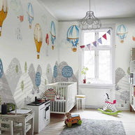 MinimalisticDecor.com-Elephants Hanging from Air Balloons: Kids Nursery Wallpaper