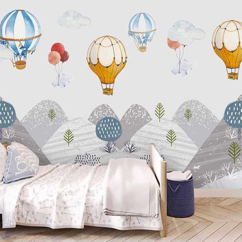 MinimalisticDecor.com-Elephants Hanging from Air Balloons: Kids Nursery Wallpaper
