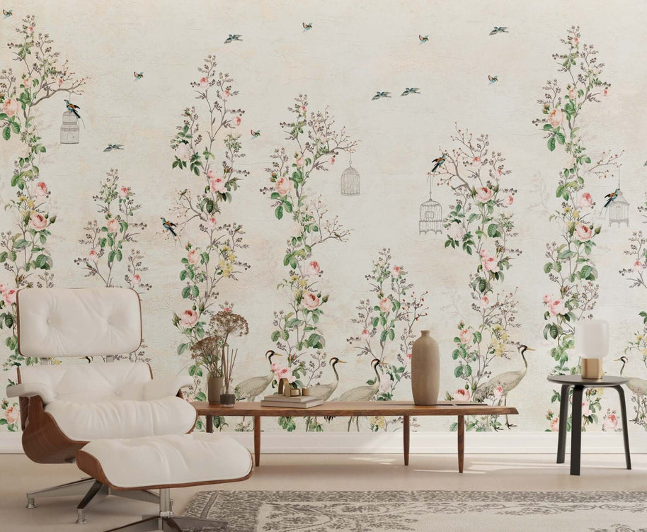 MinimalisticDecor.com-Floral Birds Wallpaper Mural: Stunning Wall Décor