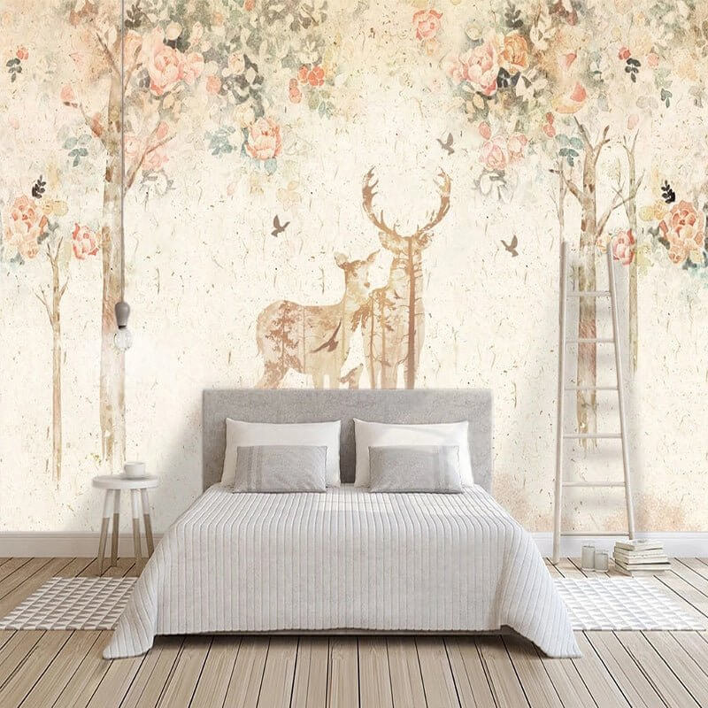 MinimalisticDecor.com-Floral Meadow with Deer - Nature-Inspired Wallpaper